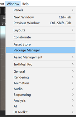 Screenshot in Unity of Package Manager menu item