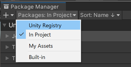 Screenshot in Unity of Unity Registry menu item