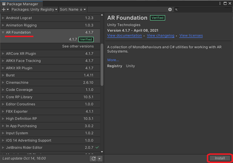 Screenshot in Unity of installing AR Foundation from the package list
