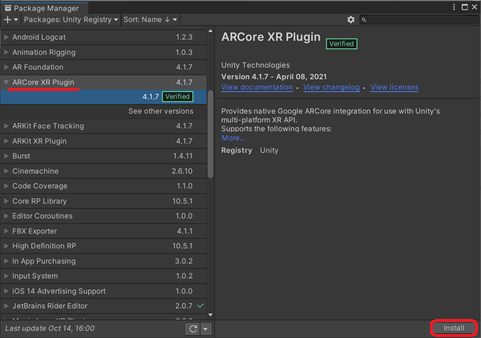 Screenshot in Unity of installing ARCore XR Plugin from the package list