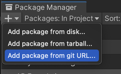 Screenshot in Unity of menu item to Add package from git URL…​