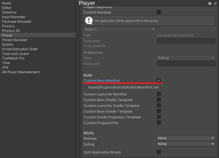 Screenshot in Unity of build menu item to choose a CustomMainManifest