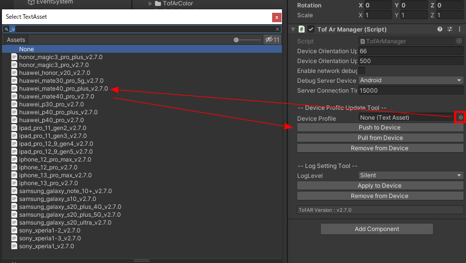 Screenshot in Unity showing the list of device profiles and the menu item Push to Device