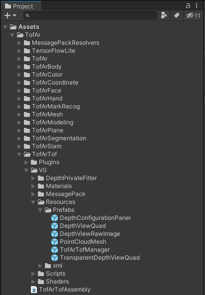 Screenshot of the directory structure in Unity when ToF AR is set up