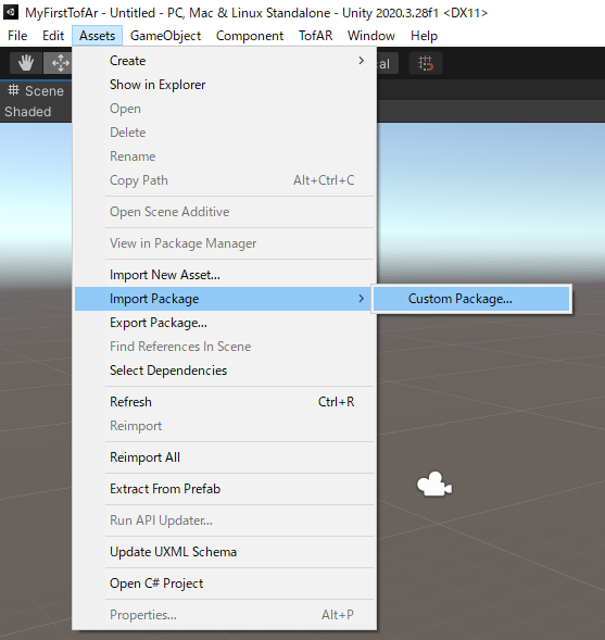 Screenshot in Unity of importing a custom package