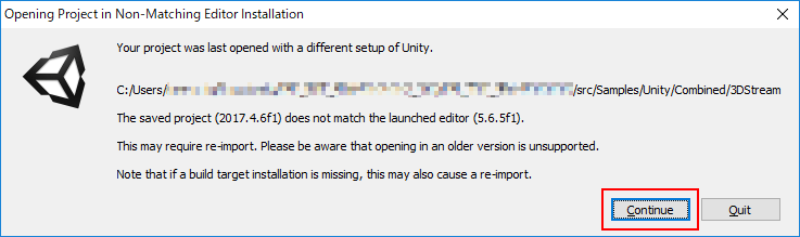 Screenshot of Unity dialog box when an existing project is opened with a different version of Unity