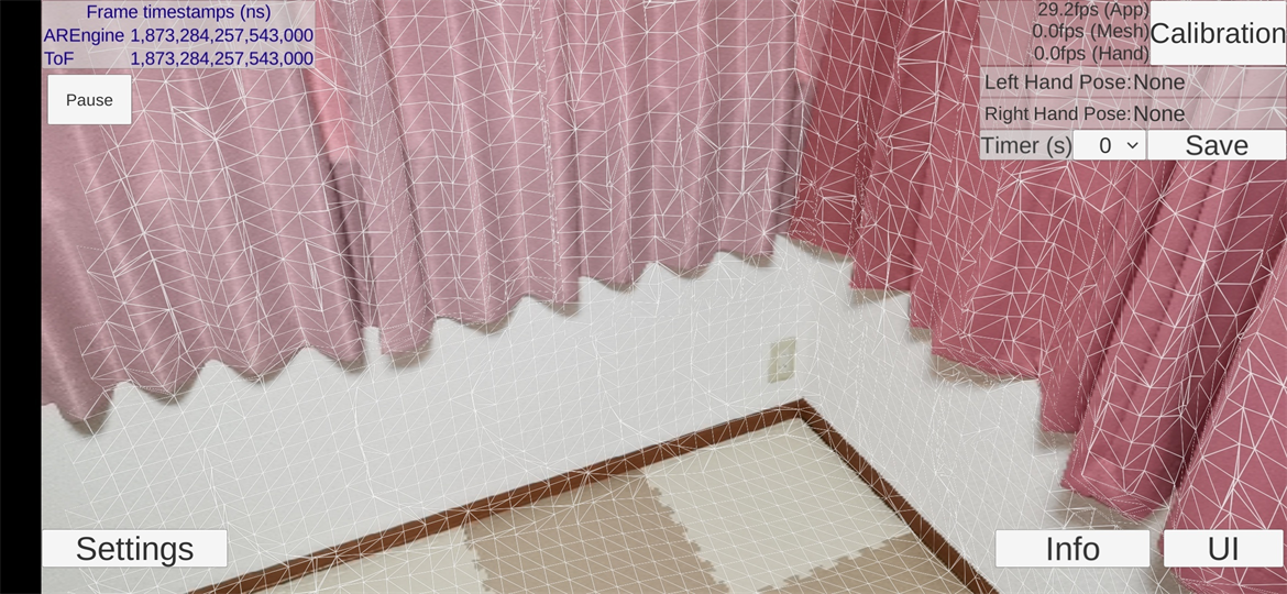 Modeling screen showing a mesh overlaying the corner of a room with drapes.