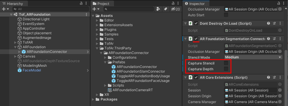 Inspector window with Capture Stencil and Capture Depth settings marked.