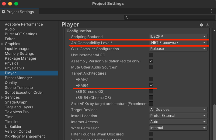 Screenshot in Unity of Player Settings