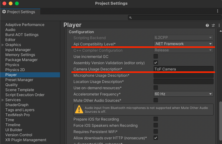 Screenshot in Unity of Player Settings