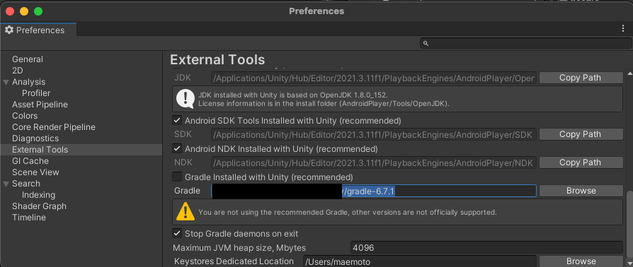 Screenshot in Unity showing Preferences-External Tools