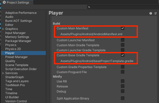 Screenshot in Unity showing Project Settings-Player