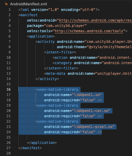 Screenshot of AndroidManifest.xml code