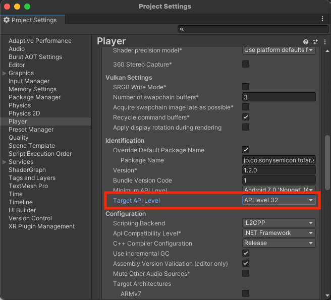 Screenshot in Unity of Target API Level setting in Project Settings-Player