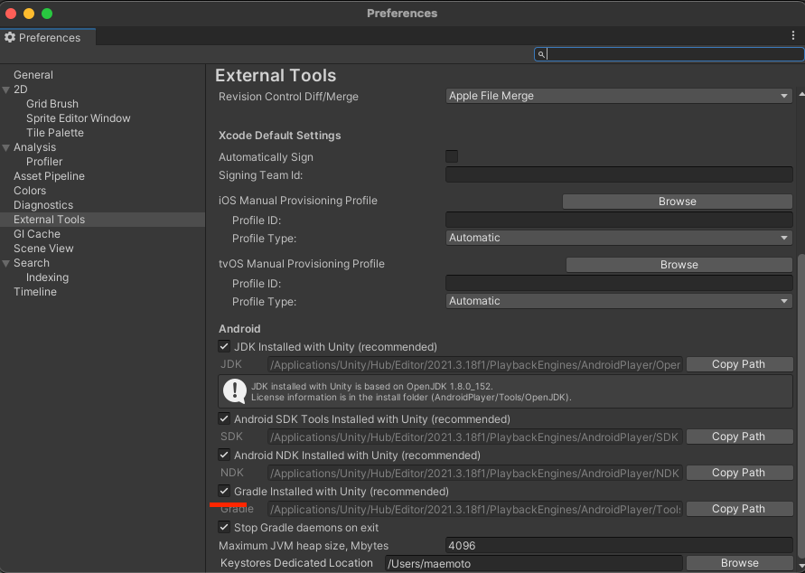 Screenshot in Unity showing Preferences-External Tools