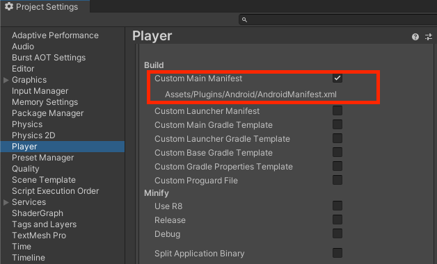 Screenshot in Unity showing Project Settings-Player